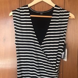 Sleeveless striped faux wrap dress